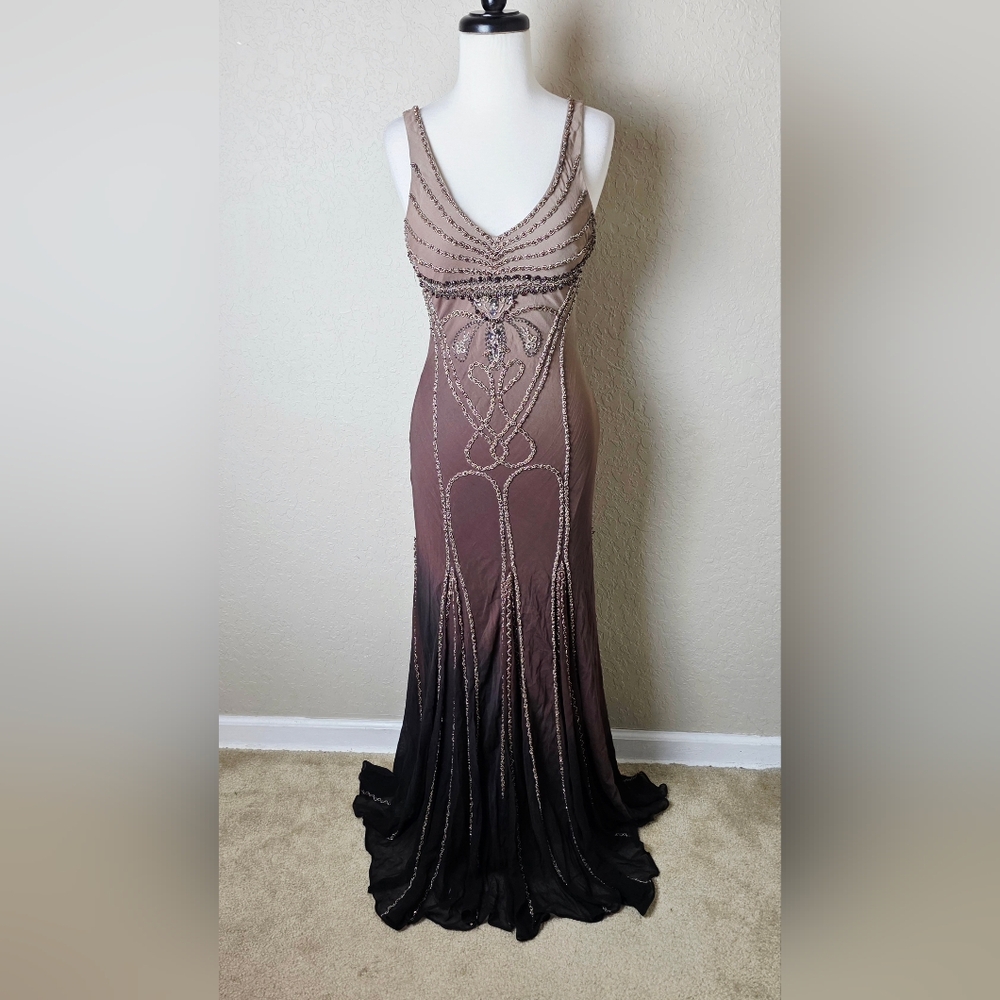 Sue Wong Nocturne Silk Beaded Mermaid Ombre Gown Brown Size 4
